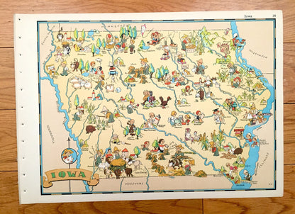 Antique 1935 Iowa State Map from Our Gay Geography by Ruth Taylor – Des Moines, Cedar Rapids, Davenport, Sioux City, Iowa City, Waterloo, IA