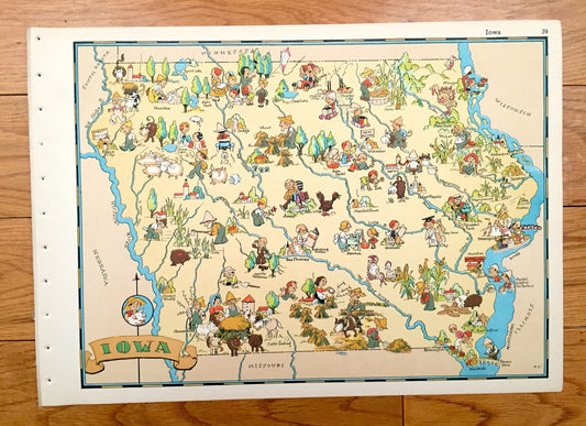 Antique 1935 Iowa State Map from Our Gay Geography by Ruth Taylor – Des Moines, Cedar Rapids, Davenport, Sioux City, Iowa City, Waterloo, IA
