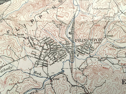 Antique Mercer County, West Virginia 1916 Geological Survey Map – Princeton, Bluefield, Athens, Camp Creek State Forest, Appalachia, WV
