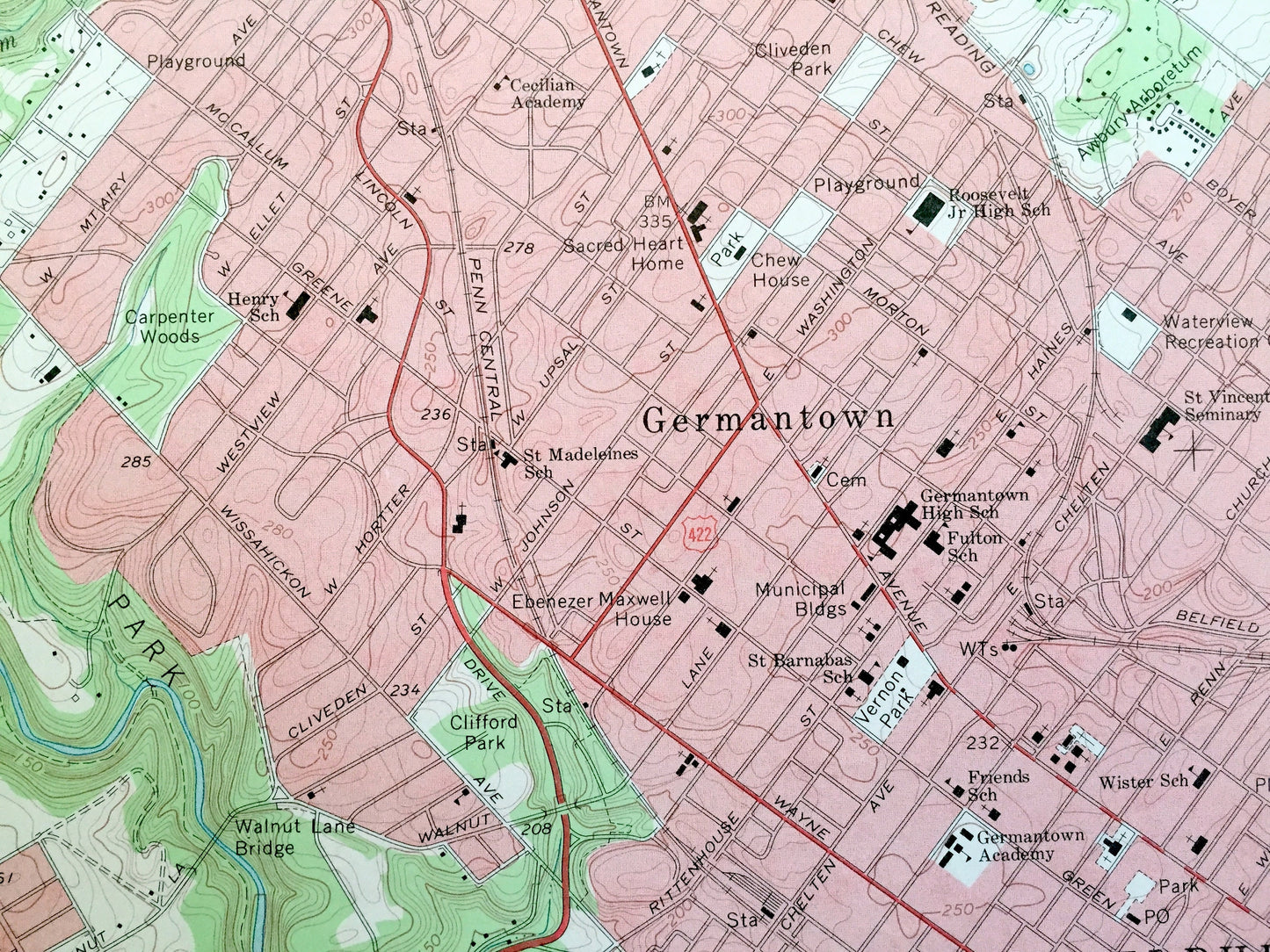 Antique Germantown, Pennsylvania 1967 US Geological Survey Topographic Map – Montgomery, Philadelphia County, Whitemarsh, Lower Merion, PA