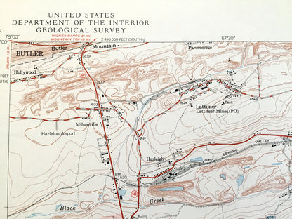 Antique Hazleton, Pennsylvania 1950 US Geological Survey Topographic Map - Luzerne, Carbon, Schuylkill County, Foster, Banks, Packer, PA
