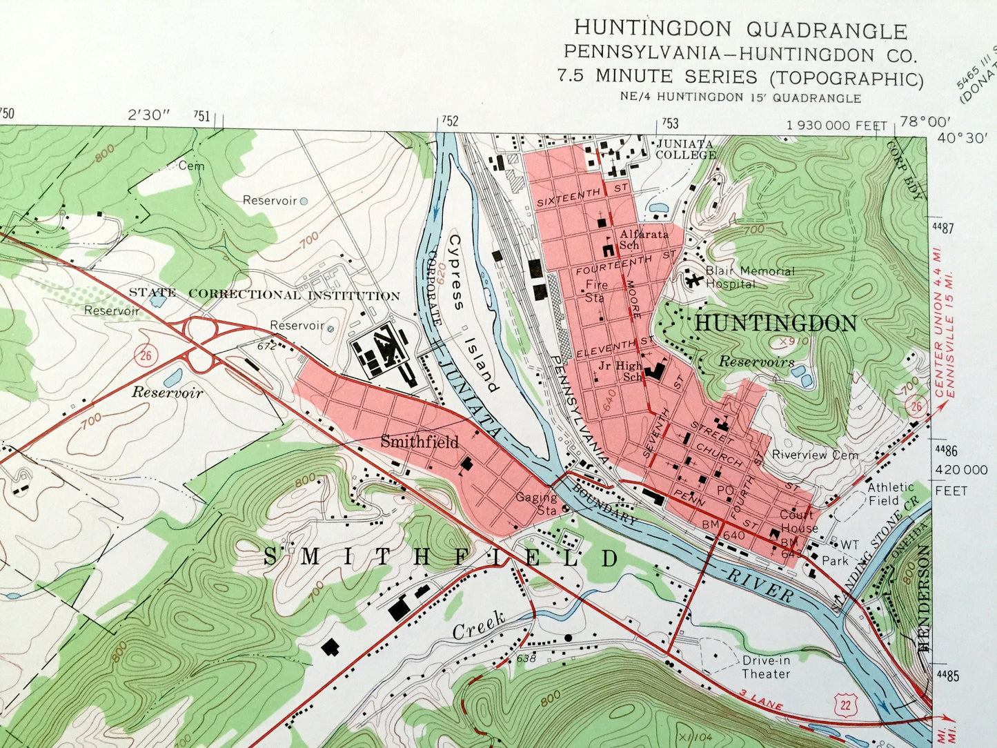 Antique Huntingdon, Pennsylvania 1963 US Geological Survey Topographic Map - Huntingdon County, Porter, Walker, Smithfield, Juniata, PA