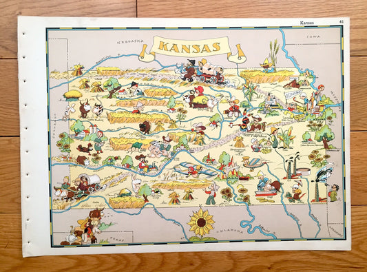 Antique 1935 Kansas State Map from Our Gay Geography by Ruth Taylor – Wichita, Olathe, City, Lawrence, Overland Park, Topeka, Dodge, KS