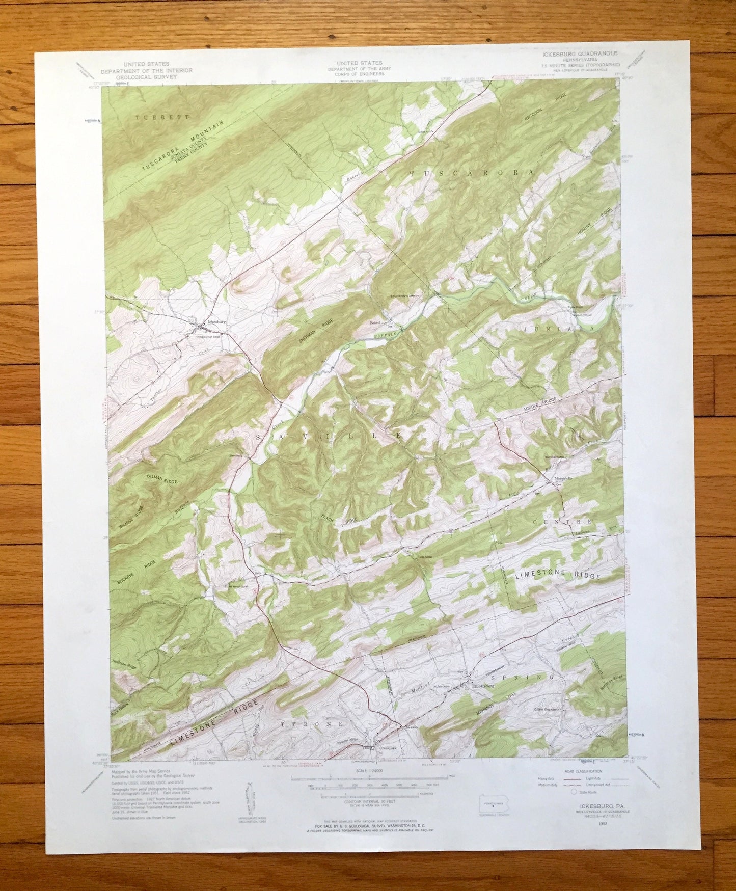 Antique Ickesburg, Pennsylvania 1952 US Geological Survey Topographic Map – Juniata, Perry County, Turbett, Tuscarora, Saville, Tyrone, PA