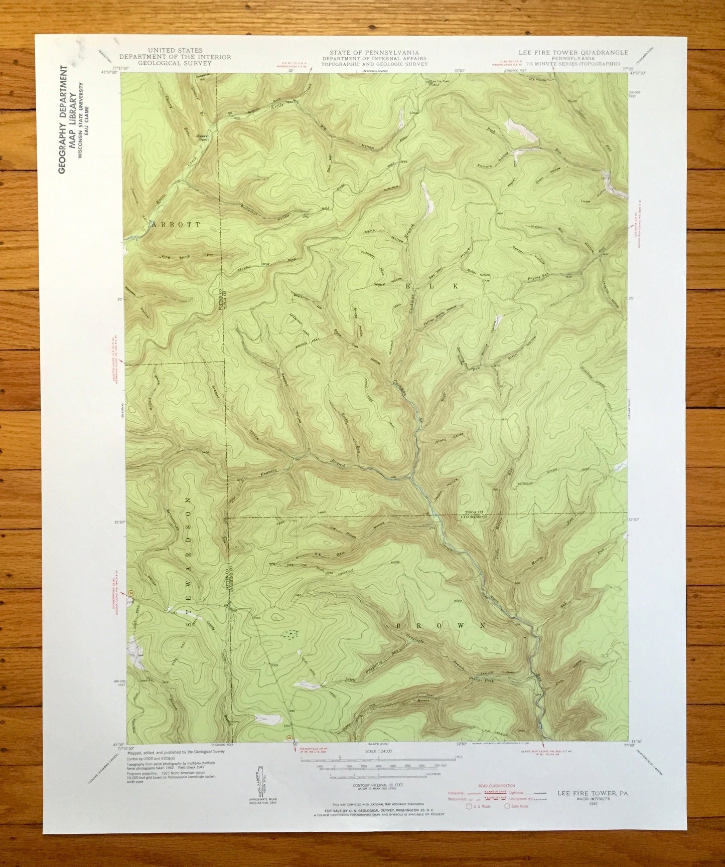 Antique Lee Fire Tower, Pennsylvania 1947 US Geological Survey Topographic Map - Potter, Tioga, Lycoming County, Abbott, Elk, Stewardson, PA