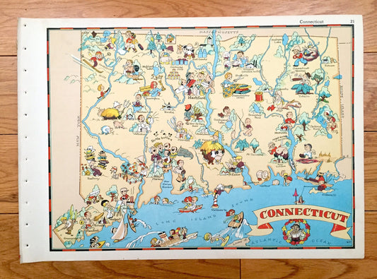 Antique 1935 Connecticut State Map from Our Gay Geography by Ruth Taylor – Hartford, New London, New Haven, Greenwich, Yale, Stamford, CT