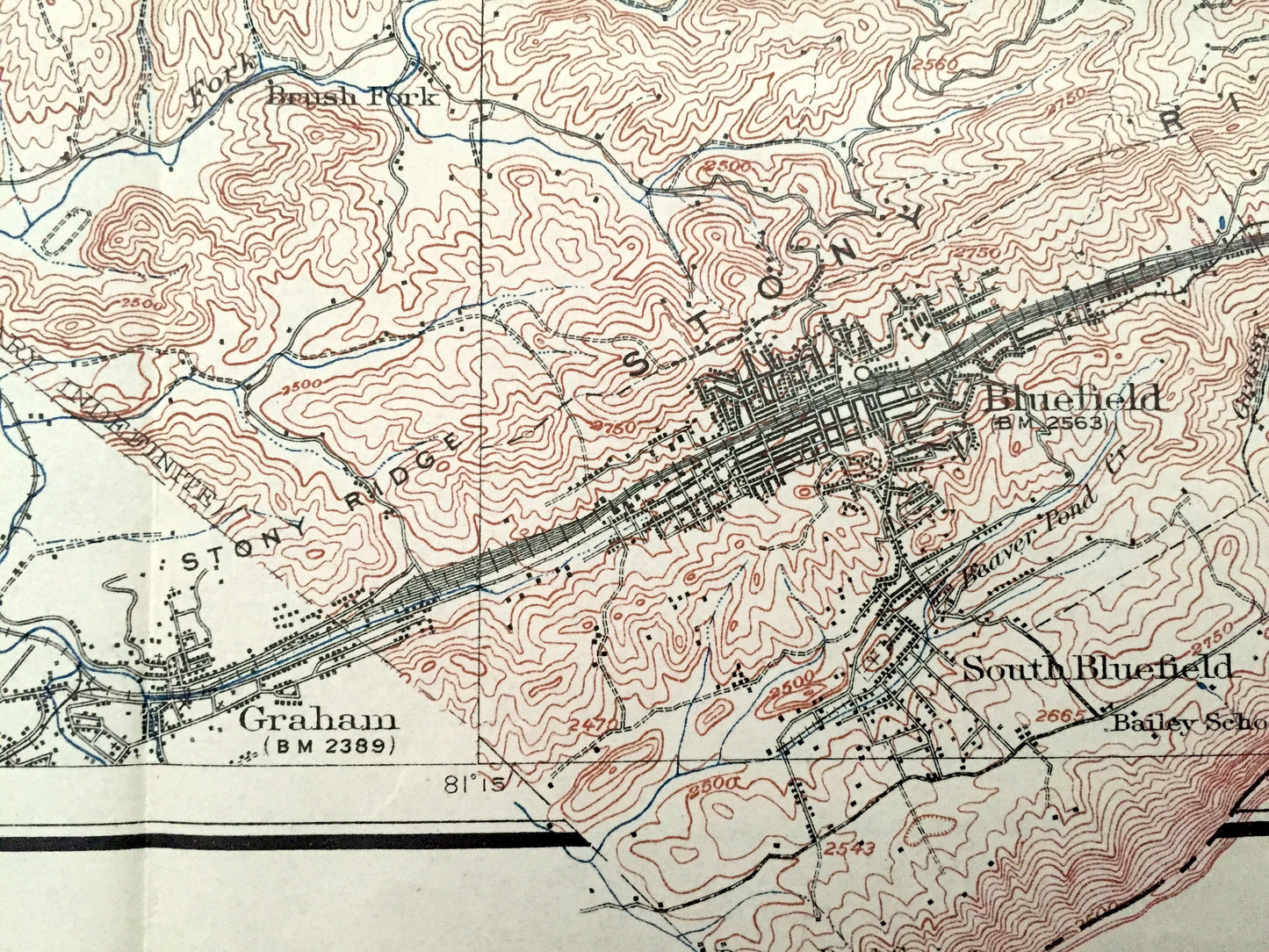 Antique Mercer County, West Virginia 1916 Geological Survey Map – Princeton, Bluefield, Athens, Camp Creek State Forest, Appalachia, WV