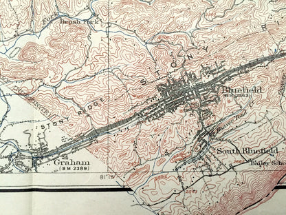 Antique Mercer County, West Virginia 1916 Geological Survey Map – Princeton, Bluefield, Athens, Camp Creek State Forest, Appalachia, WV