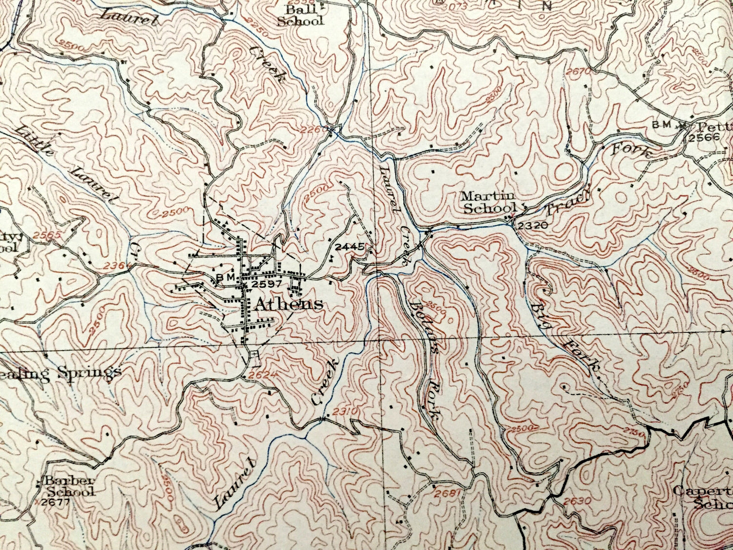 Antique Mercer County, West Virginia 1916 Geological Survey Map – Princeton, Bluefield, Athens, Camp Creek State Forest, Appalachia, WV