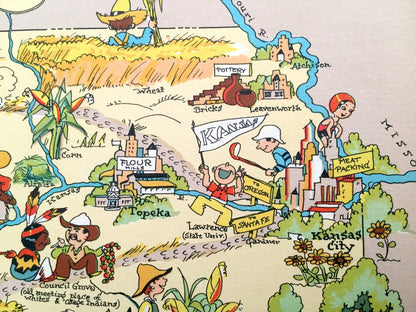 Antique 1935 Kansas State Map from Our Gay Geography by Ruth Taylor – Wichita, Olathe, City, Lawrence, Overland Park, Topeka, Dodge, KS