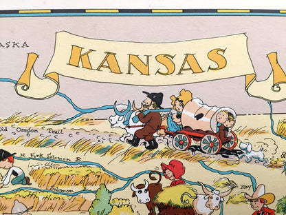 Antique 1935 Kansas State Map from Our Gay Geography by Ruth Taylor – Wichita, Olathe, City, Lawrence, Overland Park, Topeka, Dodge, KS