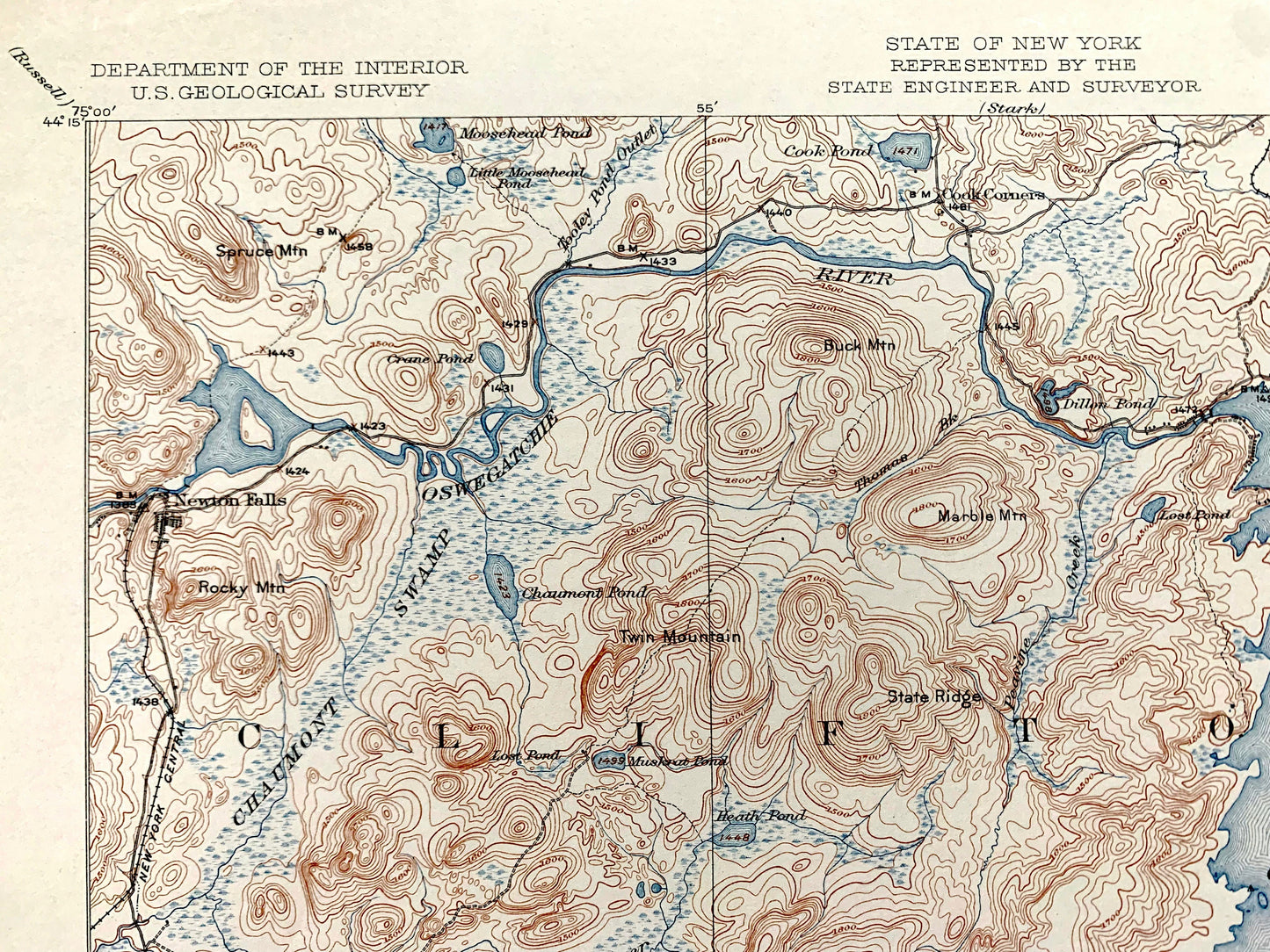 Antique Cranberry Lake, New York 1921 US Geological Survey Topographic Map – Adirondacks, Wanakena, Fine, Webb, Clifton, Newtown Falls, NY