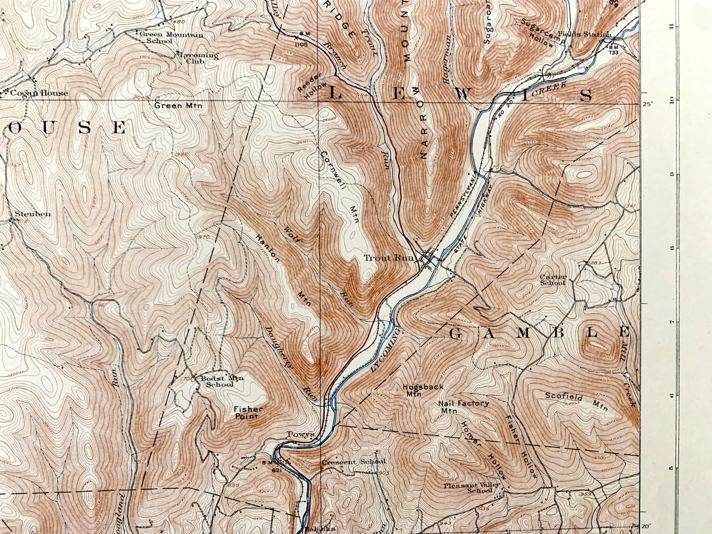 Antique Trout Run, Pennsylvania 1923 US Geological Survey Topographic Map – Lycoming County, Williamsport, Lewis, Mifflin, Loyalsock, PA