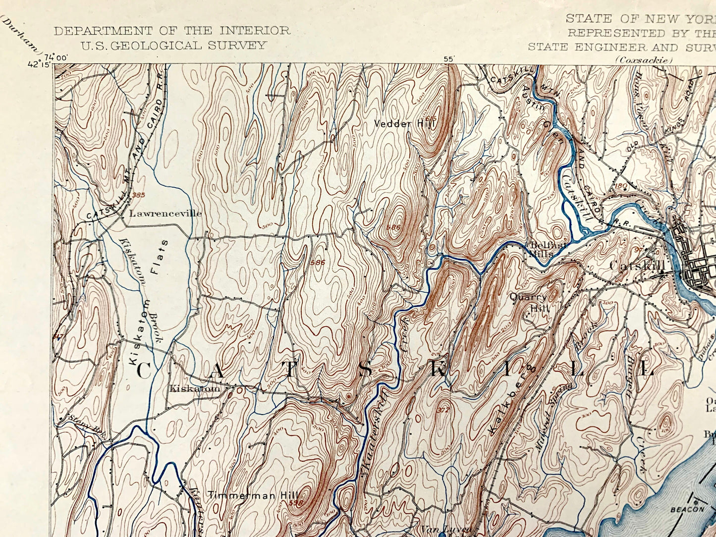 Antique Catskill, New York 1895 US Geological Survey Topographic Map – Saugerties, Hudson, Greenport, Germantown, Livingston, Clermont, NY