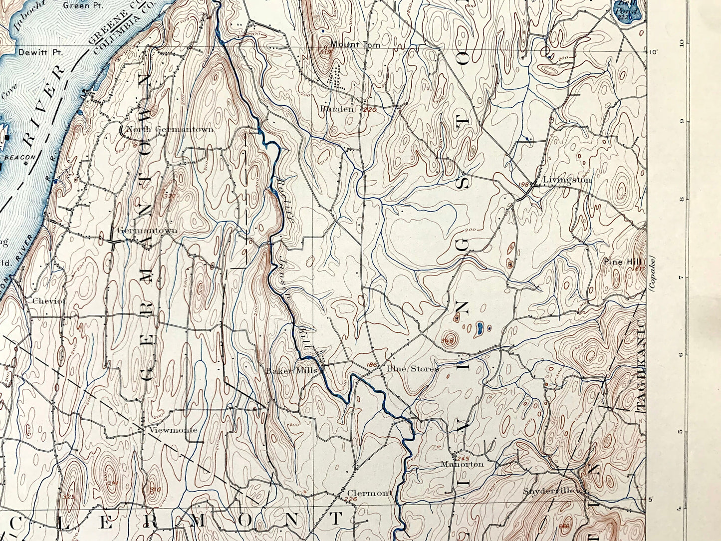Antique Catskill, New York 1895 US Geological Survey Topographic Map – Saugerties, Hudson, Greenport, Germantown, Livingston, Clermont, NY