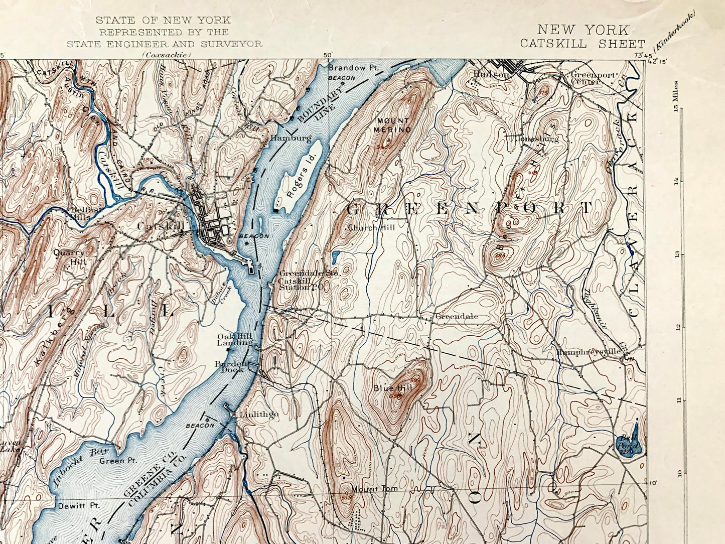 Antique Catskill, New York 1895 US Geological Survey Topographic Map – Saugerties, Hudson, Greenport, Germantown, Livingston, Clermont, NY