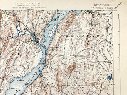 Antique Catskill, New York 1895 US Geological Survey Topographic Map – Saugerties, Hudson, Greenport, Germantown, Livingston, Clermont, NY