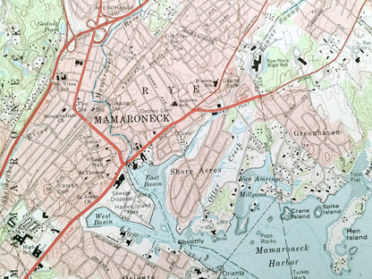 Antique Mamaroneck, New York 1967 US Geological Survey Topographic Map – Westchester, Nassau County, White Plains, Rye, Connecticut NY