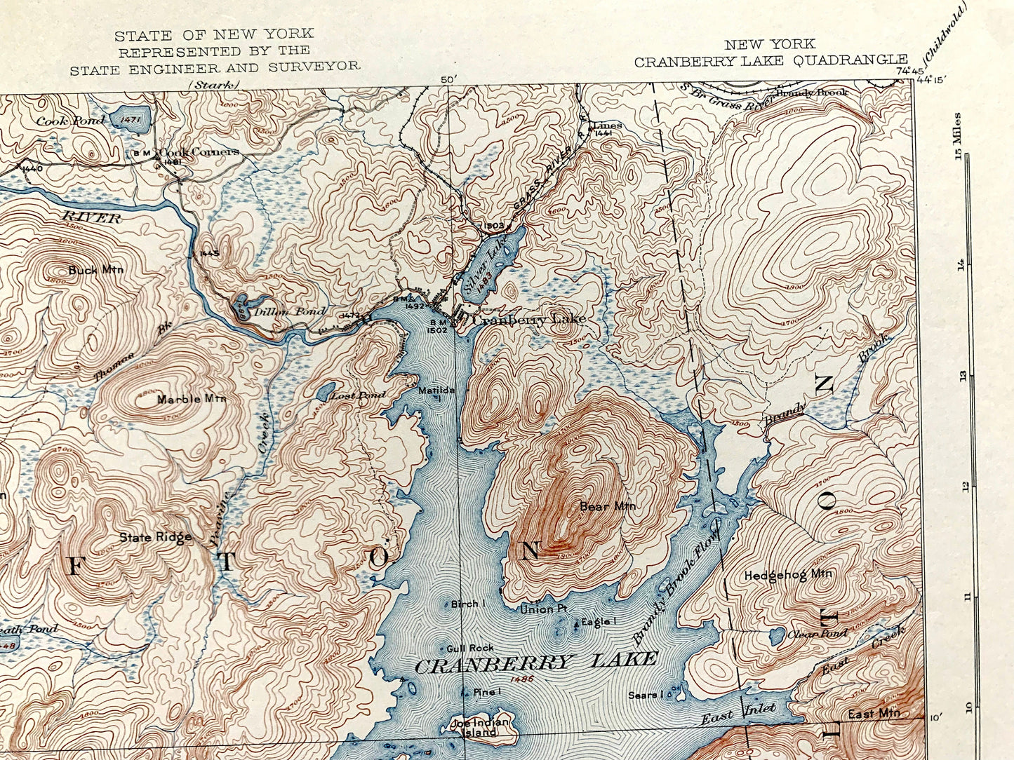 Antique Cranberry Lake, New York 1921 US Geological Survey Topographic Map – Adirondacks, Wanakena, Fine, Webb, Clifton, Newtown Falls, NY