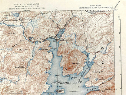 Antique Cranberry Lake, New York 1921 US Geological Survey Topographic Map – Adirondacks, Wanakena, Fine, Webb, Clifton, Newtown Falls, NY