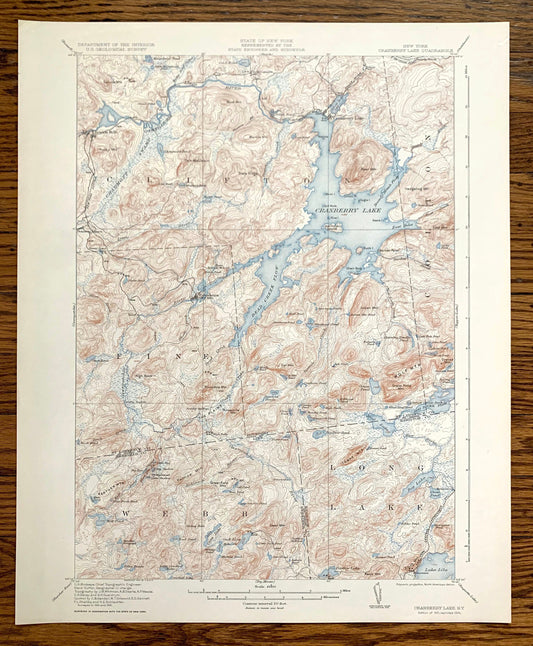 Antique Cranberry Lake, New York 1921 US Geological Survey Topographic Map – Adirondacks, Wanakena, Fine, Webb, Clifton, Newtown Falls, NY