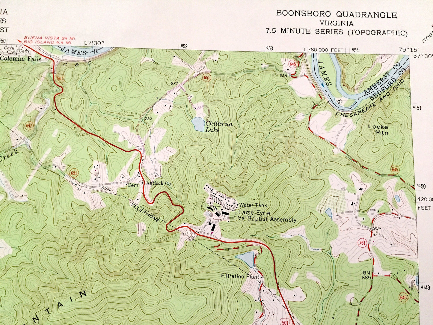 Antique Boonsboro, Virginia 1965 US Geological Survey Topographic Map – Bedford County, Lynchburg, Coleman Falls, Ivy Creek Lake, Golf VA