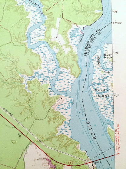 Antique Brandon, Virginia 1965 US Geological Survey Topographic Map – Charles City, James City County, James River, Chickahominy Wildlife VA