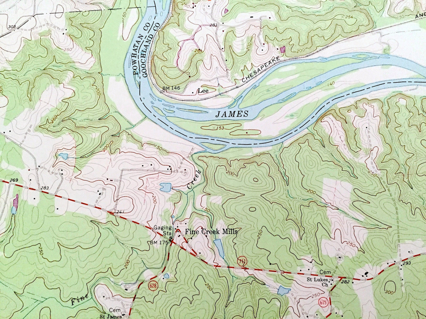 Antique Fine Creek Mills, Virginia 1964 US Geological Survey Topographic Map — Goochland, Powhatan County, James River, Subletts, VA