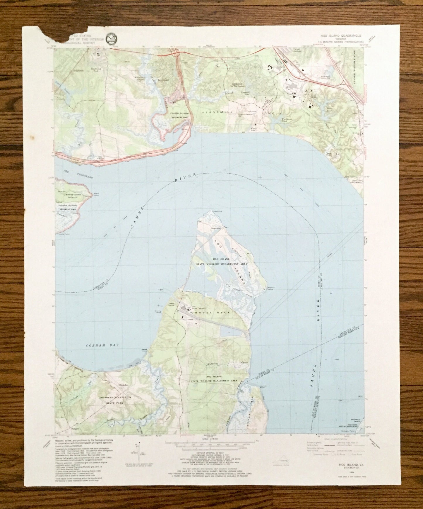 Antique Hog Island, Virginia 1984 US Geological Survey Topographic Map – Surry, James City County, James River, Jamestown, Kingsmill VA