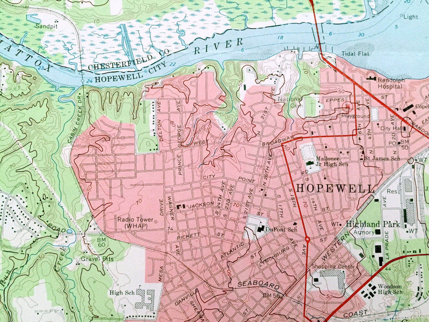 Antique Hopewell, Virginia 1969 US Geological Survey Topographic Map – Chesterfield, Charles City County, Fort Lee Army Base, James River VA