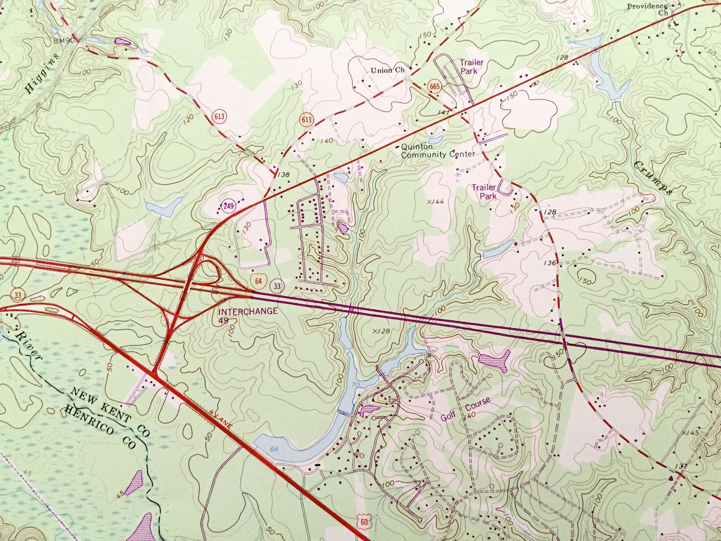 Antique Quinton, Virginia 1965 US Geological Survey Topographic Map – Hanover, New Kent, Henrico County, Orapax Farms, Bottoms Bridge, VA