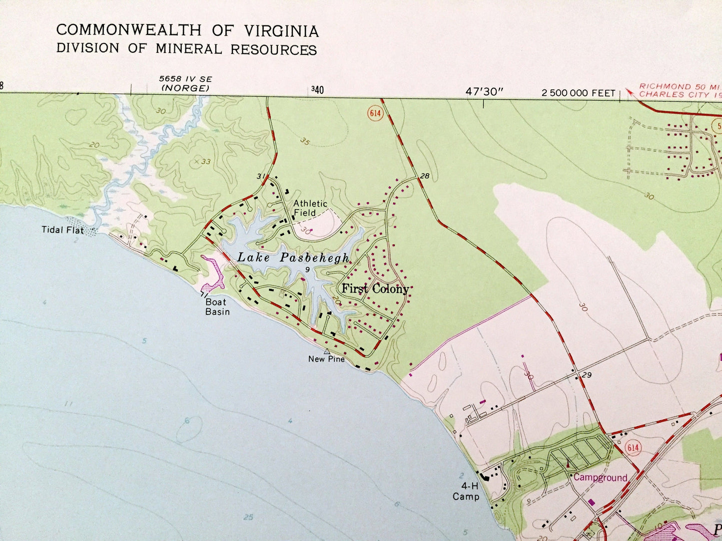 Antique Jamestown, Virginia 1965 US Geological Survey Topographic Map – Surry, James City County, River, Island, Colonial National Park VA