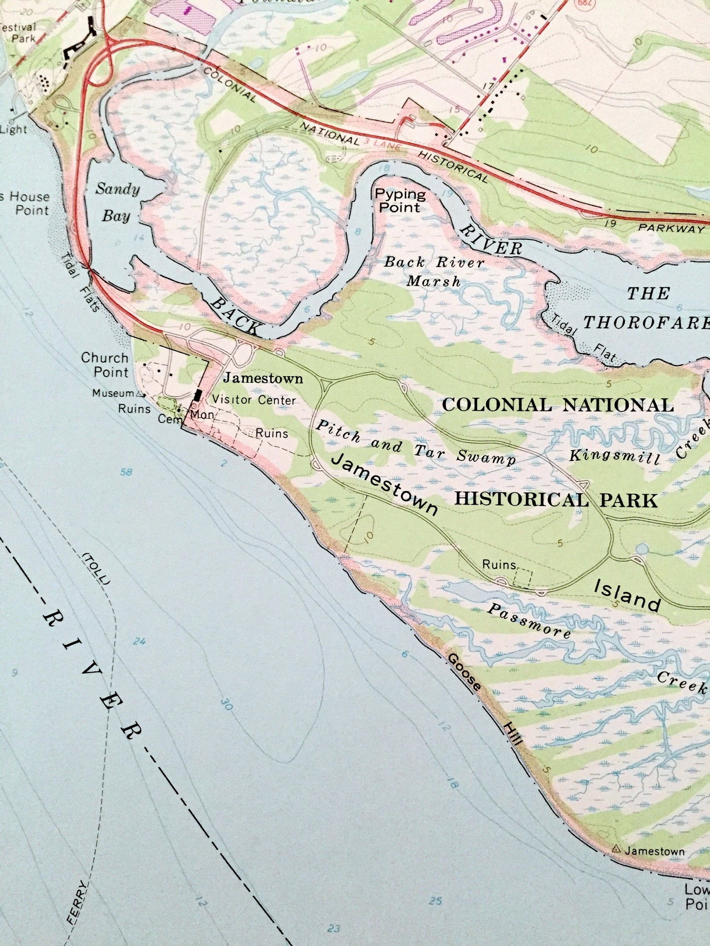 Antique Jamestown, Virginia 1965 US Geological Survey Topographic Map – Surry, James City County, River, Island, Colonial National Park VA