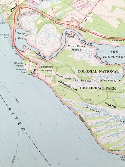 Antique Jamestown, Virginia 1965 US Geological Survey Topographic Map – Surry, James City County, River, Island, Colonial National Park VA