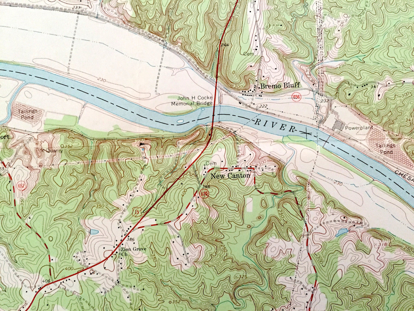 Antique Arvonia, Virginia 1968 US Geological Survey Topographic Map – Fluvanna, Buckingham County, James River, Bremo Bluff, New Canton, VA