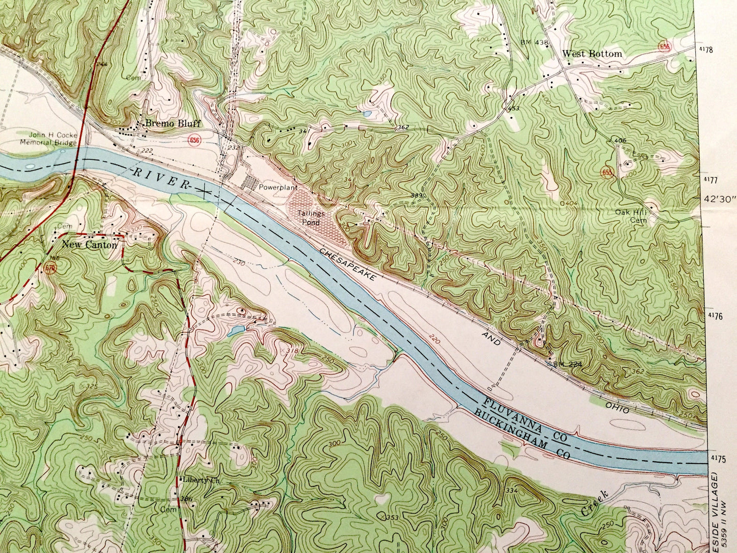 Antique Arvonia, Virginia 1968 US Geological Survey Topographic Map – Fluvanna, Buckingham County, James River, Bremo Bluff, New Canton, VA