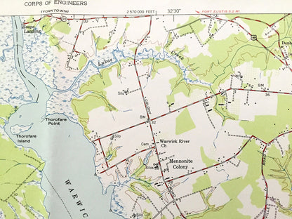 Antique Mulberry Island, Virginia 1950 US Geological Survey Topographic Map – Warwick, Isle of Wight County, James River, Fort Eustis, VA
