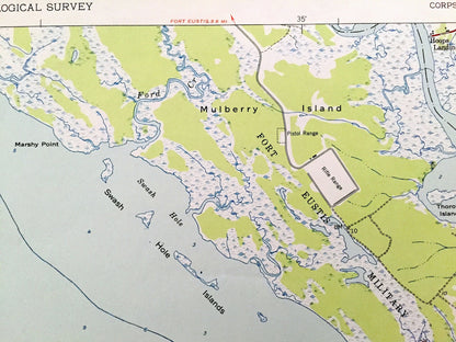 Antique Mulberry Island, Virginia 1950 US Geological Survey Topographic Map – Warwick, Isle of Wight County, James River, Fort Eustis, VA