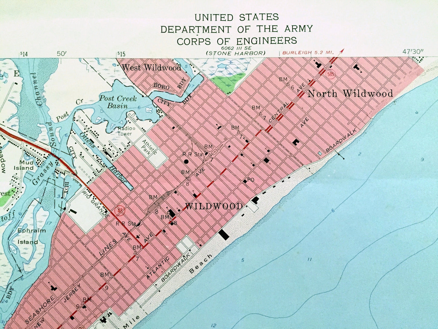 Antique Wildwood, New Jersey 1955 US Geological Survey Topographic Map – Cape May County, Lower Township, Middle, Coast Guard, Shore, NJ