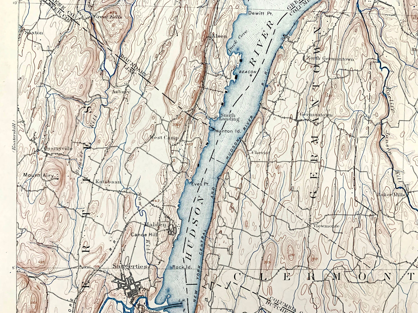 Antique Catskill, New York 1895 US Geological Survey Topographic Map – Saugerties, Hudson, Greenport, Germantown, Livingston, Clermont, NY