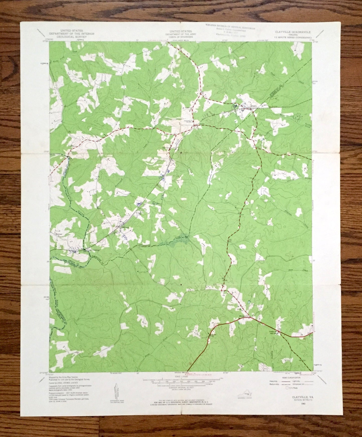 Antique Clayville, Virginia 1943 US Geological Survey Topographic Map – Amelia, Powhatan, Chesterfield County, Moseley, Skinquarter Creek VA