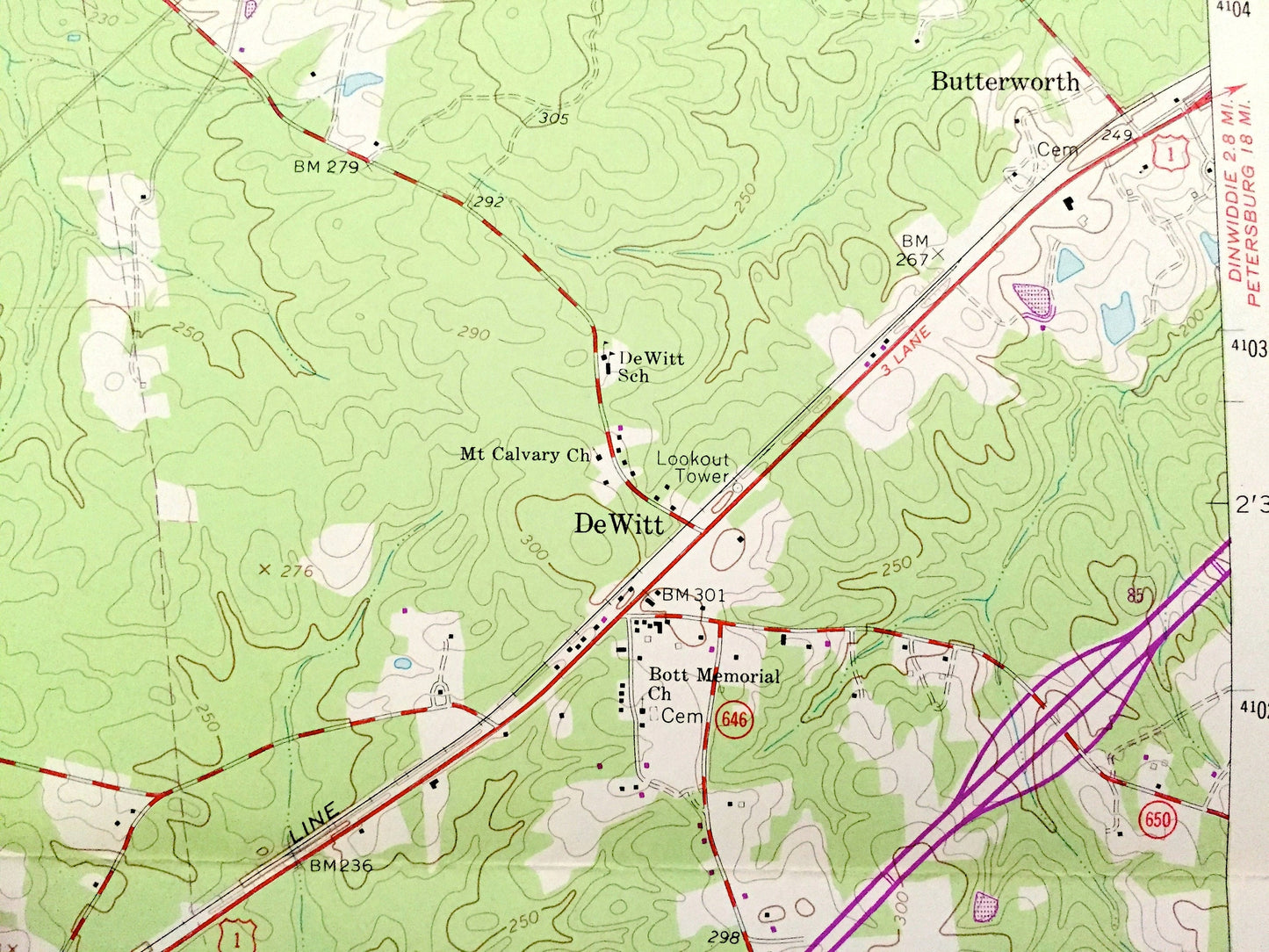 Antique Dewitt, Virginia 1963 US Geological Survey Topographic Map – Dinwiddie County, Butterworth, Colemans Lake, Baptist Church, Farm, VA