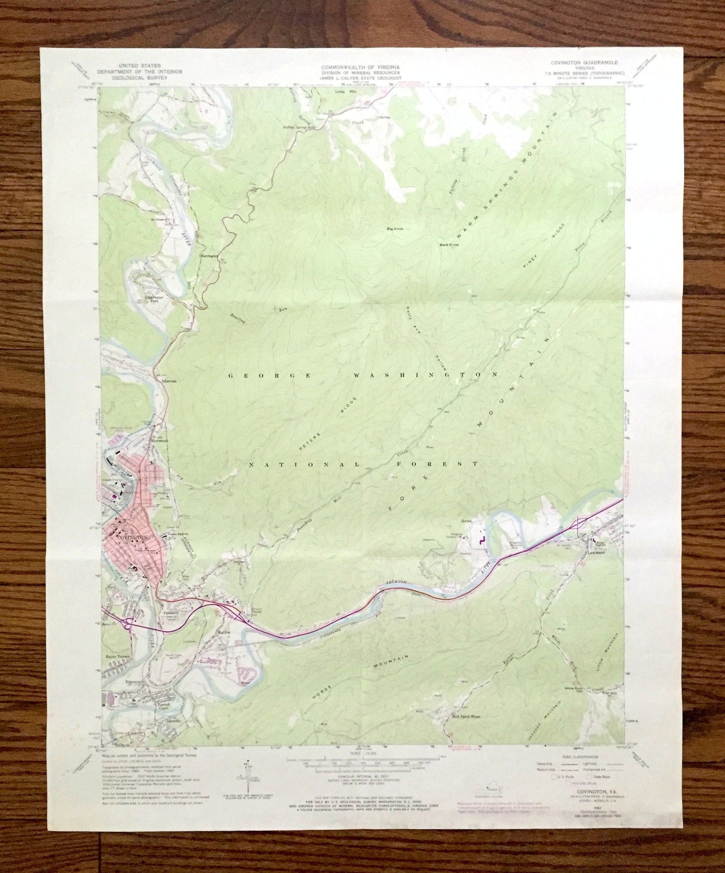 Antique Covington, Virginia 1962 US Geological Survey Topographic Map –  County, George Washington & Jefferson National Forest, Low Moor, VA