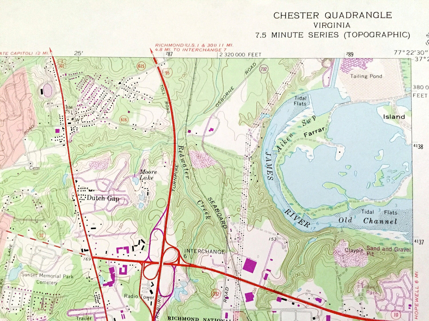 Antique Chester, Virginia 1969 US Geological Survey Topographic Map – Chesterfield County, Colonial Heights City, Dutch Gap Conservation, VA