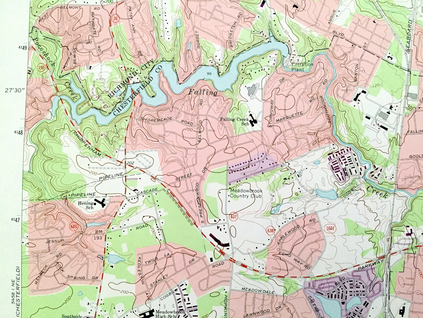 Antique Richmond, Virginia 1969 US Geological Survey Topographic Map – Chesterfield, Henrico County, Drewrys Bluff, South City, Bellwood, VA