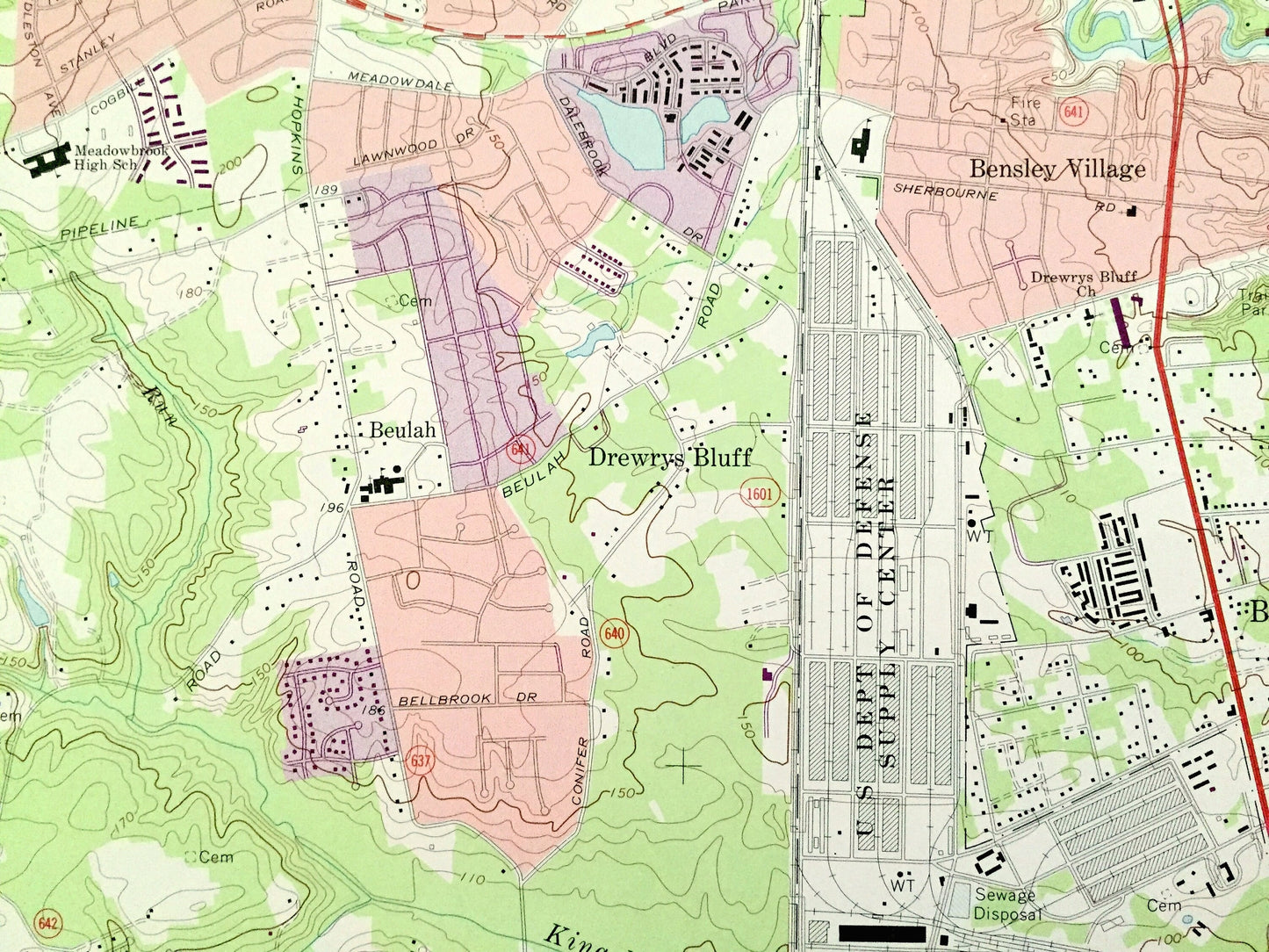 Antique Richmond, Virginia 1969 US Geological Survey Topographic Map – Chesterfield, Henrico County, Drewrys Bluff, South City, Bellwood, VA