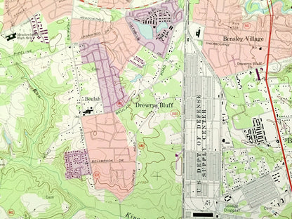 Antique Richmond, Virginia 1969 US Geological Survey Topographic Map – Chesterfield, Henrico County, Drewrys Bluff, South City, Bellwood, VA