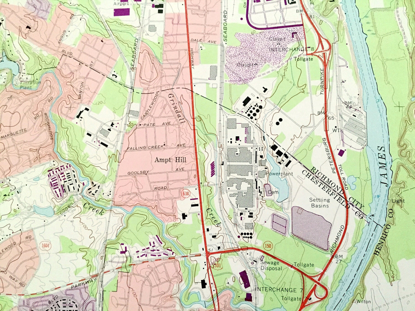 Antique Richmond, Virginia 1969 US Geological Survey Topographic Map – Chesterfield, Henrico County, Drewrys Bluff, South City, Bellwood, VA