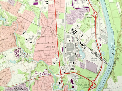 Antique Richmond, Virginia 1969 US Geological Survey Topographic Map – Chesterfield, Henrico County, Drewrys Bluff, South City, Bellwood, VA