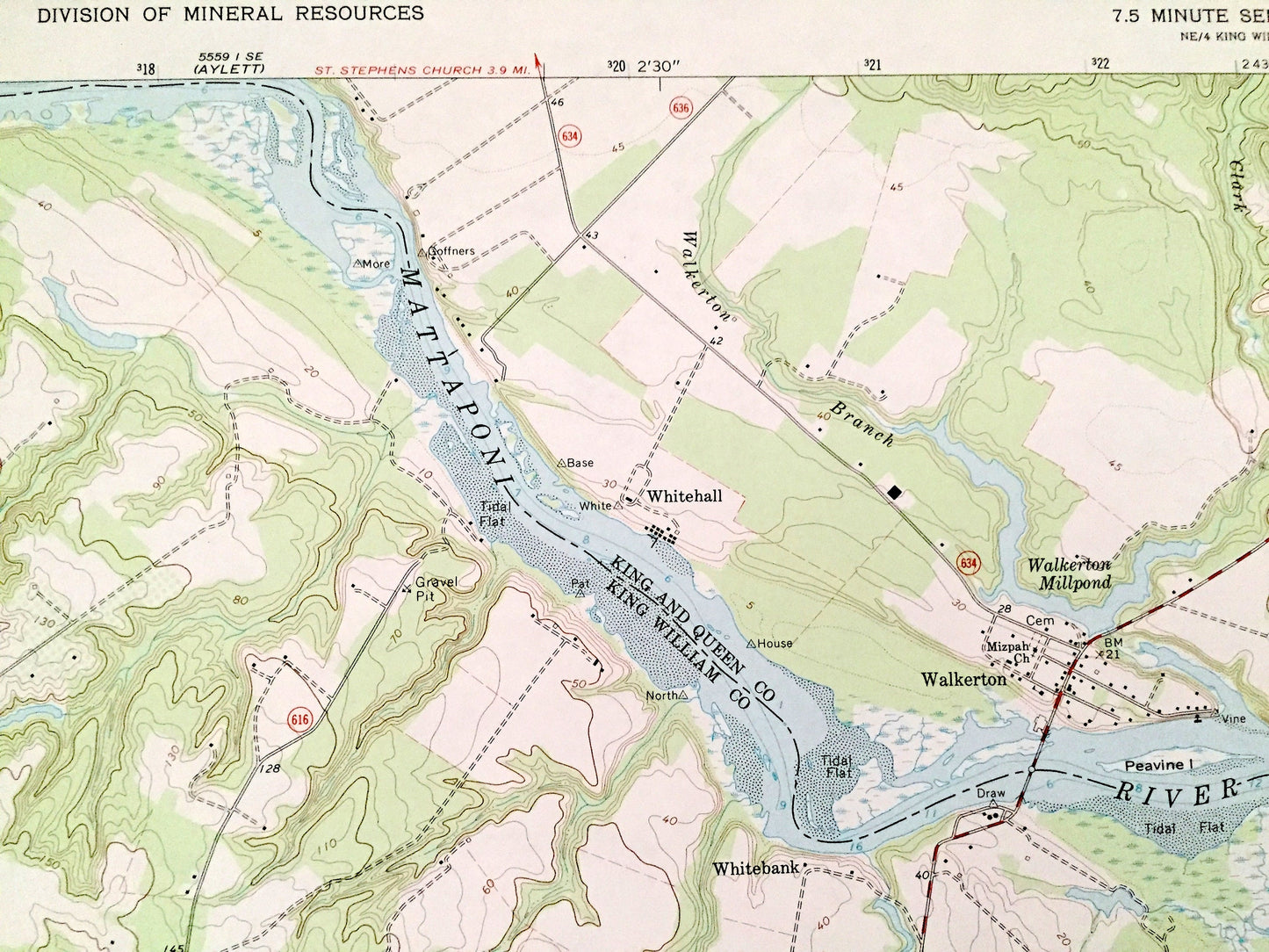 Antique King William, Virginia 1968 US Geological Survey Topographic Map – King and Queen, Hanover County, Mattaponi, Pamunkey River, VA